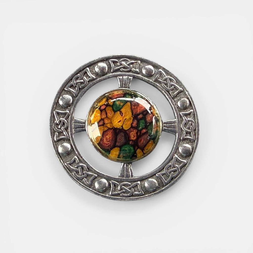 1960s Scottish Style Brooch 2 Inch Celtic Knot Pin Heather Gem Style Cabochon